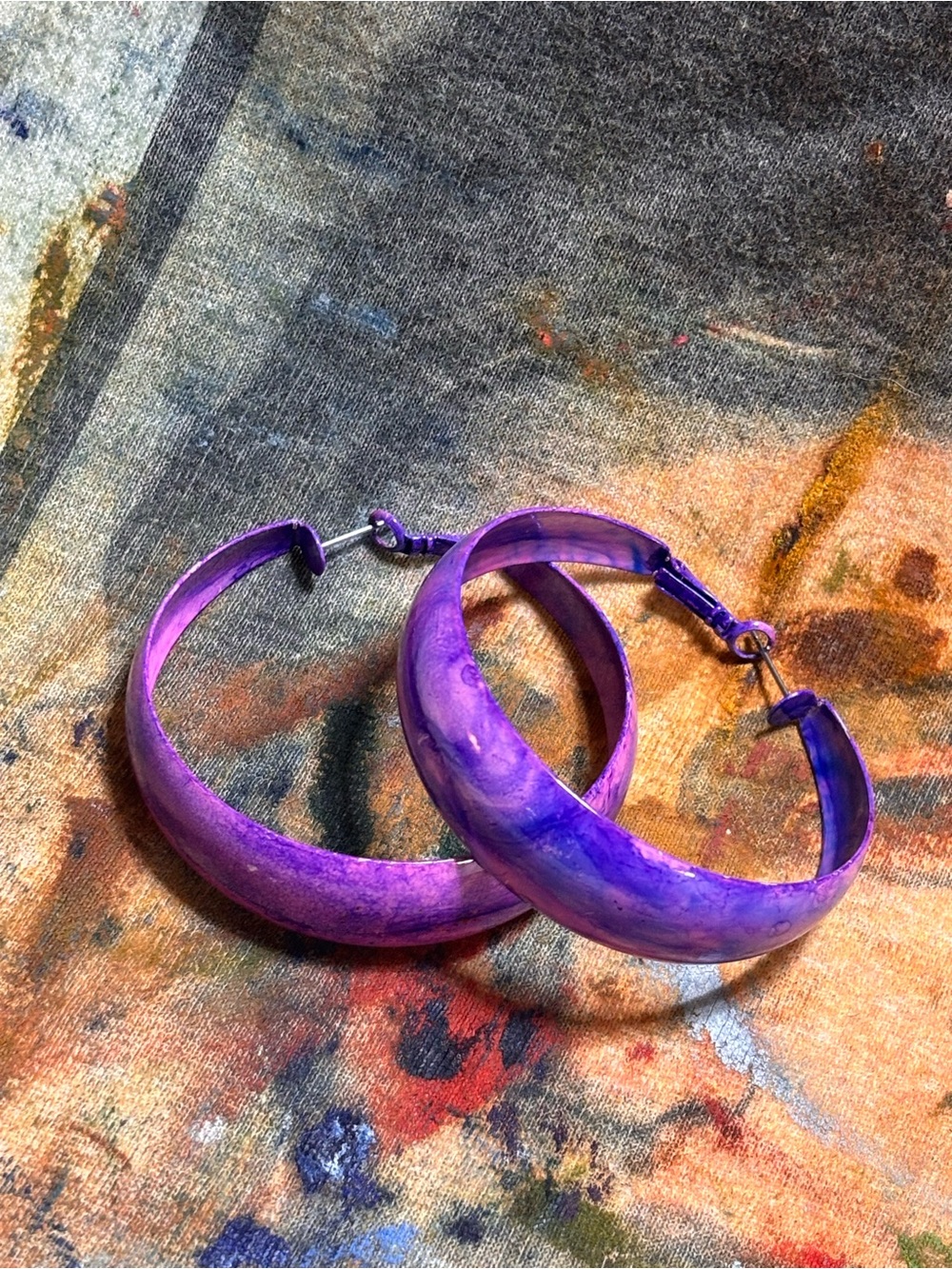 Vintage metal Purple Marbled Hoop Earrings